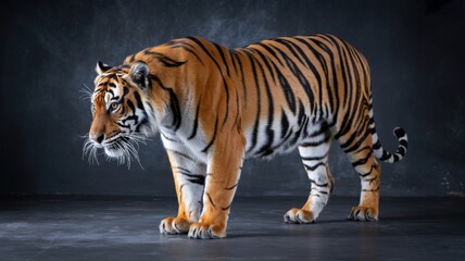 Obraz premium A majestic tiger with orange and black stripes stands powerfully against a muted, dark backdrop.