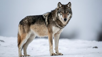 Naklejka premium Wolf standing in snow covered landscape looking straight at the camera in winter time.