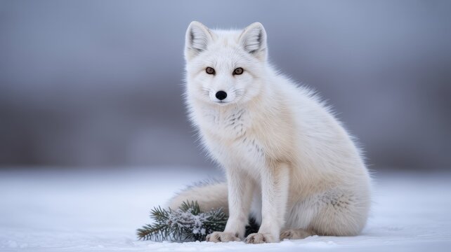A beautiful Arctic fox sits calmly in a snowy landscape, looking directly at the camera lens - Powered by Adobe