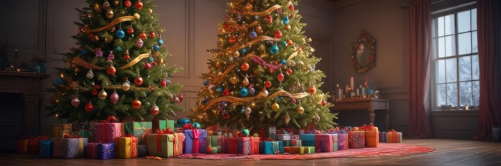 Magnificent decorated tree, colorful gift piles, joyous scene,  holiday,  shiny,  tree
