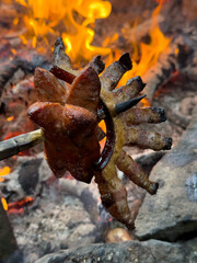 Grilled sausage and bacon strips roasting on a wooden stick over an open flame, with visible fire, glowing embers, and stones in a forest campfire.