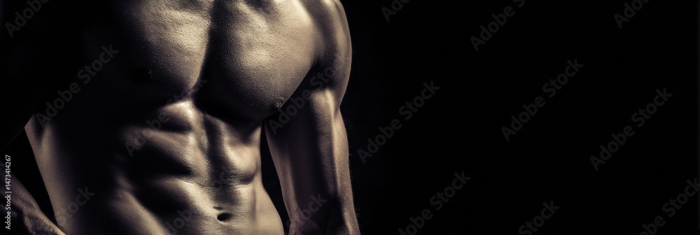 Poster toned torso highlighted with soft lighting against a dark background showcasing strength and fitness