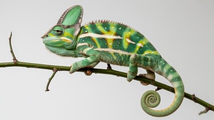 Fototapeta premium Green chameleon gracefully perched on a verdant branch, showcasing its textures and vibrant colors.