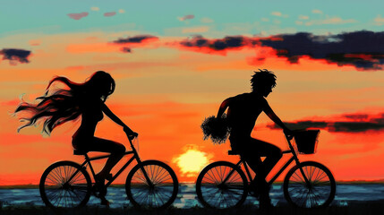 Obraz premium Silhouetted couple cycling at sunset by the sea
