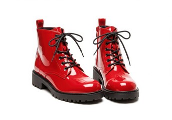 A pair of shiny red patent leather ankle boots with black laces on white backdrop