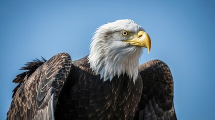 Obraz premium Majestic bald eagle portrait displays its striking features against a clear blue sky backdrop.
