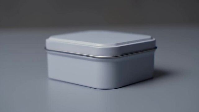 Square, light gray metal tin container