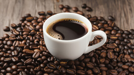 Fototapeta premium White Coffee Mug Nestled in Pile of Roasted Beans on Rustic Wooden Surface