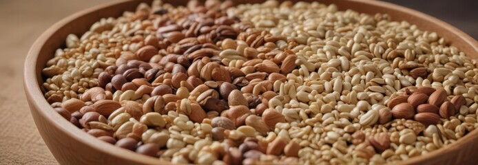 Obraz premium Close-up of various nuts, seeds, and grains in a wooden bowl , vegetarian, grains