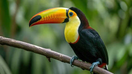 Naklejka premium Vibrant toucan perched on a branch showcases its bright yellow chest and colorful oversized beak.