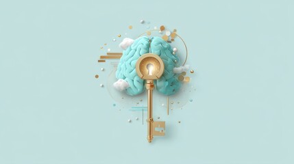 Obraz premium Abstract 3D Render of Teal Brain Key on Light Blue Background