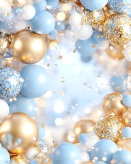 A festive arrangement of blue, white, and gold balloons with shimmering confetti against a light blue background