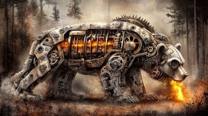 Fire-Breathing Steampunk Bear with Exposed Gears and Internal Flames.
