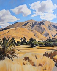 Sun-drenched desert landscape with a prominent mountain, palm trees, and dry grasses under a partly cloudy sky