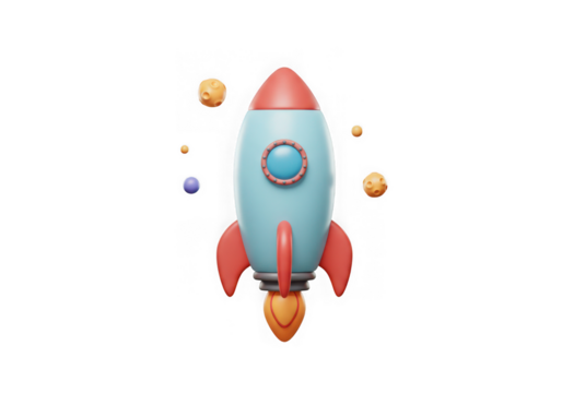 Cartoon rocket ship flying in space on white background on transparent background - Powered by Adobe