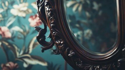 Intricate carved wooden frame of an antique mirror, reflecting an unseen room with floral wallpaper