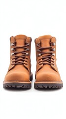 A pair of tan leather boots with brown laces and a rugged sole, photographed from the front on a white background