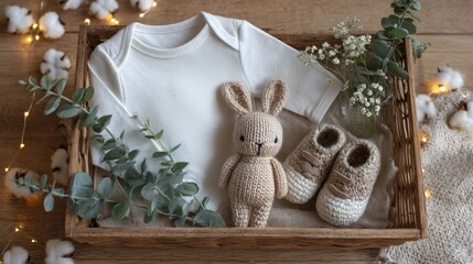 Baby Shower Gift Basket: A charming wooden basket overflowing with a soft cream baby bodysuit, adorable knitted bunny, and tiny knitted booties, surrounded by eucalyptus leaves and cotton flowers.