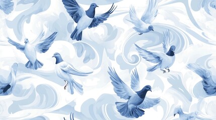 Seamless pattern of flying doves in light blue and white.  Delicate swirls and clouds create a soft backdrop