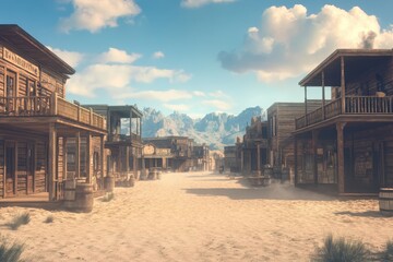 Dusty western desert town with wooden saloons set against mountainous backdrop under a blue sky, dusty western desert town with wooden saloons, Seamless ing Photo background
