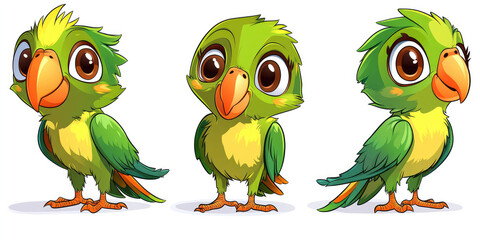 Three adorable cartoon parrots in various poses, showcasing their bright green plumage and large, expressive eyes