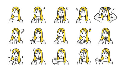 ロングヘアの若い女性の表情アイコンセット