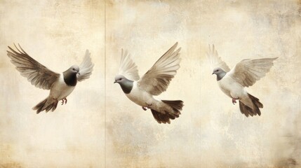 Obraz premium Three doves in flight against a vintage backdrop