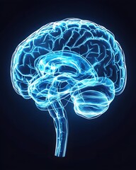 A translucent blue human brain with visible internal structures, depicted against a dark background