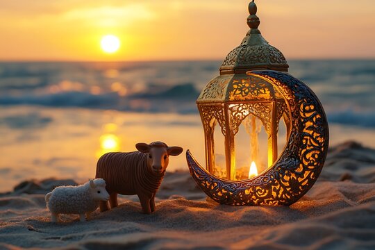 muslim holiday of sacrifice Eid ul al Adha sheep lamb goat kurban bayrami with lamp greeting card, invitation hand-lettered text islamic celebration community festival