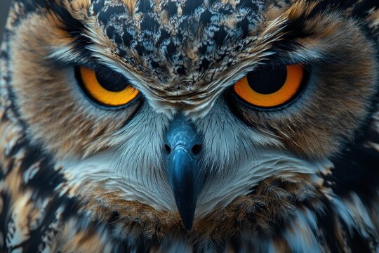 Closeup view of Eurasian eagle owl Bubo bubo revealing striking features and intense gaze, Eurasian eagle-owl (Bubo bubo) close-up