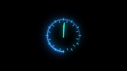 glowing neon blue color clock animation icon alarm clock stopwatch dial wall clock circle timer animated on black background. Glowing neon Clock icon , Analog glowing neon wall clock animation. - Powered by Adobe