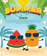 Summer Sale with Watermelon and Pineapple Cartoon Characters