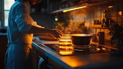 Chef preparing a simmering dish in a warm, modern kitchen environment