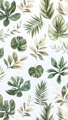 A white background with a pattern of green and beige leaves in various shapes and sizes