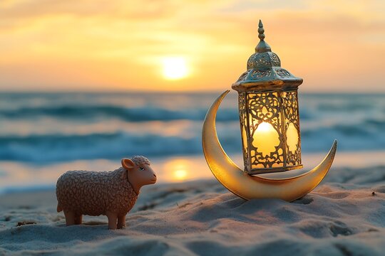 muslim holiday of sacrifice Eid ul al Adha sheep lamb goat kurban bayrami with lamp greeting card, invitation hand-lettered text islamic celebration community festival