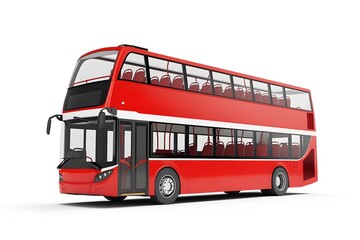 A red double decker bus isolated on a white background showcasing its design and features clearly