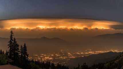Night landscape with glowing lenticular cloud above valley lights