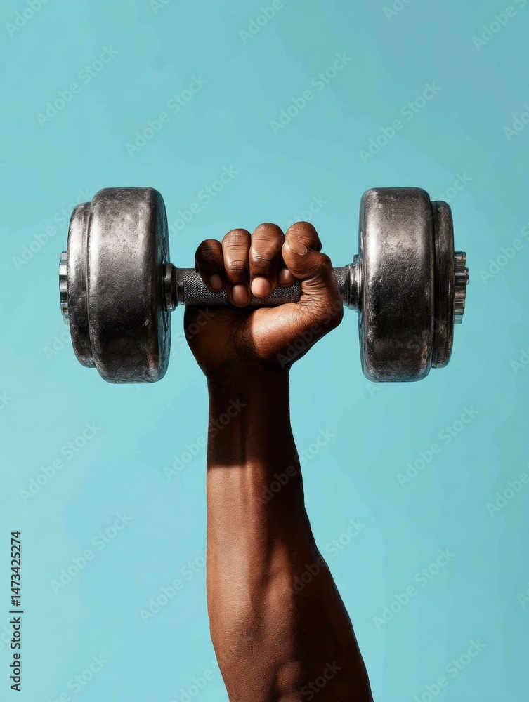 Poster overhead dumbbell lift showcasing strength and determination in a minimalist background focusing on 