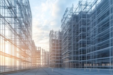 Buildings under construction with scaffolding against a cloudy sky during the daytime view from below