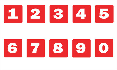 Set of Red Square Number Counters icons with White Numerals 0 through 9 Arranged in Two Rows on a White Background