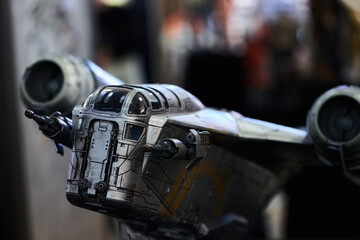 Naklejka premium Razor Crest ST-70 ship figure displayed in San Salvador on May 4, 2025 for Star Wars Day celebrations.