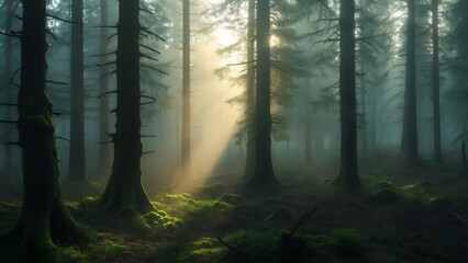 Obraz premium Misty morning light graces the dark green trees of a foggy forest, creating a tranquil woodland landscape with a subtle path