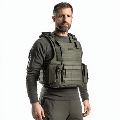 Man in tactical vest with studio shot.