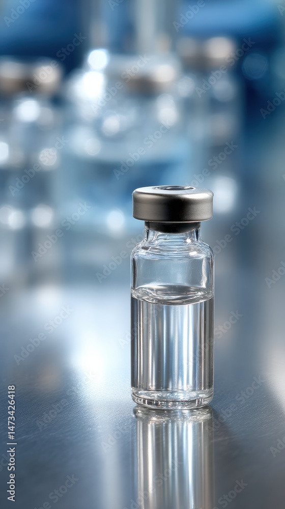 Poster vaccine vial placed on a clean sterile table surface in a clinical environment during a health care 