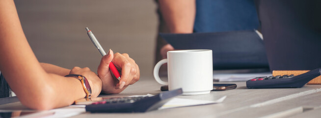 Fototapeta premium Banner diversity business people brainstorming meeting in conference room. Panorama multiracial businesspeople meeting discuss team partner. Happy asian caucasian team in meeting room with copy space