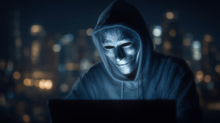 A hooded figure wearing a digital mask sits in front of a laptop at night, symbolizing cybercrime or hacking.