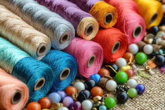 Colorful assortment of sewing threads and beads on textured fabric surface for crafting and creative projects, Assorted colorful sewing threads and beads on textured fabric