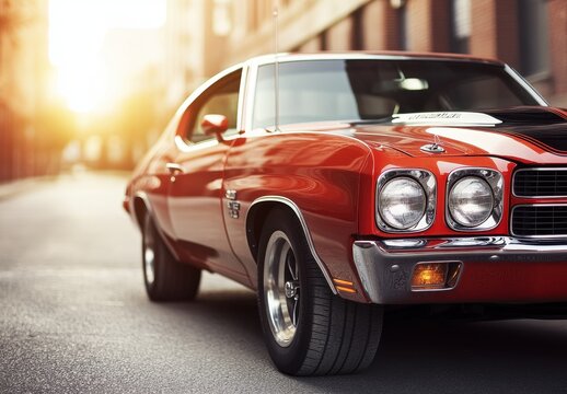 Fototapeta Classic Red Muscle Car at Sunset on City Street