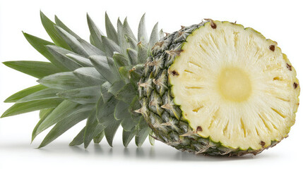 Halved pineapple showcasing its juicy, yellow flesh and spiky green crown against a stark white backdrop