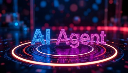 An AI agent hologram symbolizing agentic autonomy for collaboration Neon 'AI Agent' text in blue and pink on a glowing circular platform, symbolizing tech innovation, perfect for AI technology visuals